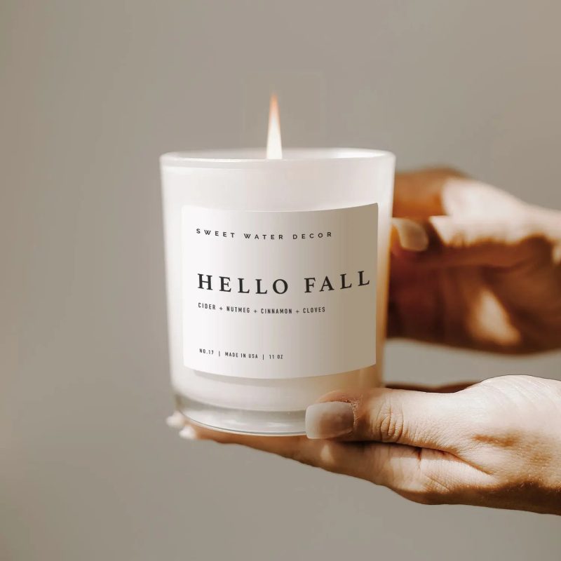 C017WW HELLO FALL 11OZ WHITE JAR WHITE LABEL SOY BLEND CANDLE SWEET WATER DECOR 02