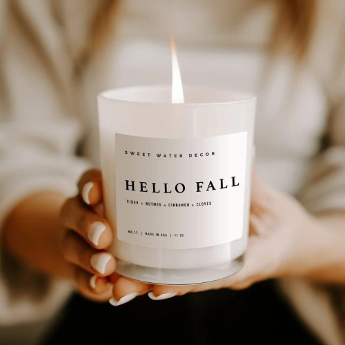 C017WW HELLO FALL 11OZ WHITE JAR WHITE LABEL SOY BLEND CANDLE SWEET WATER DECOR 04 1 229903