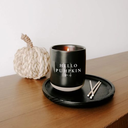 hello pumpkin black stone candle